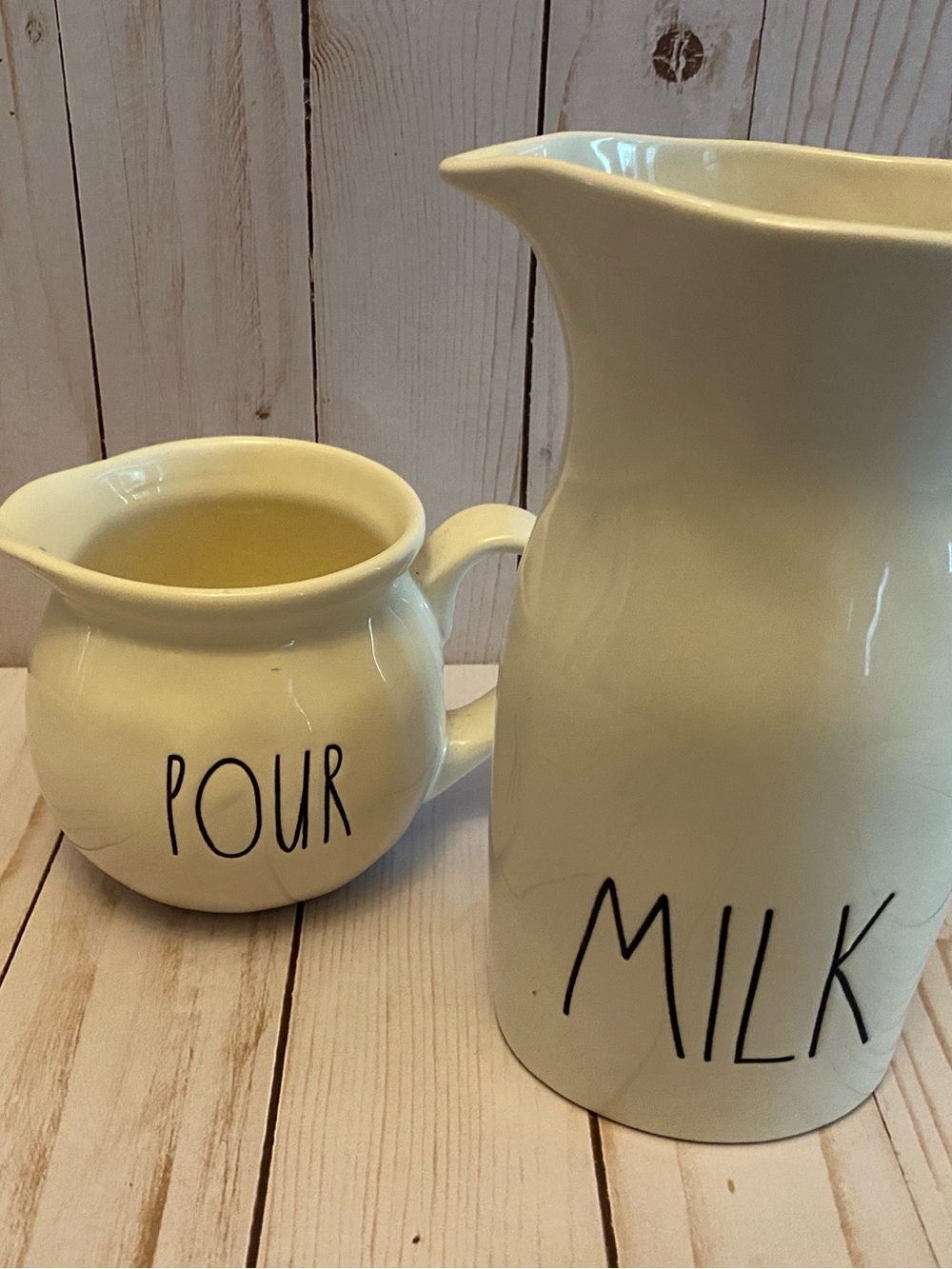 Rae Dunn Cream Ceramic "MILK" and "POUR" Pitcher Set